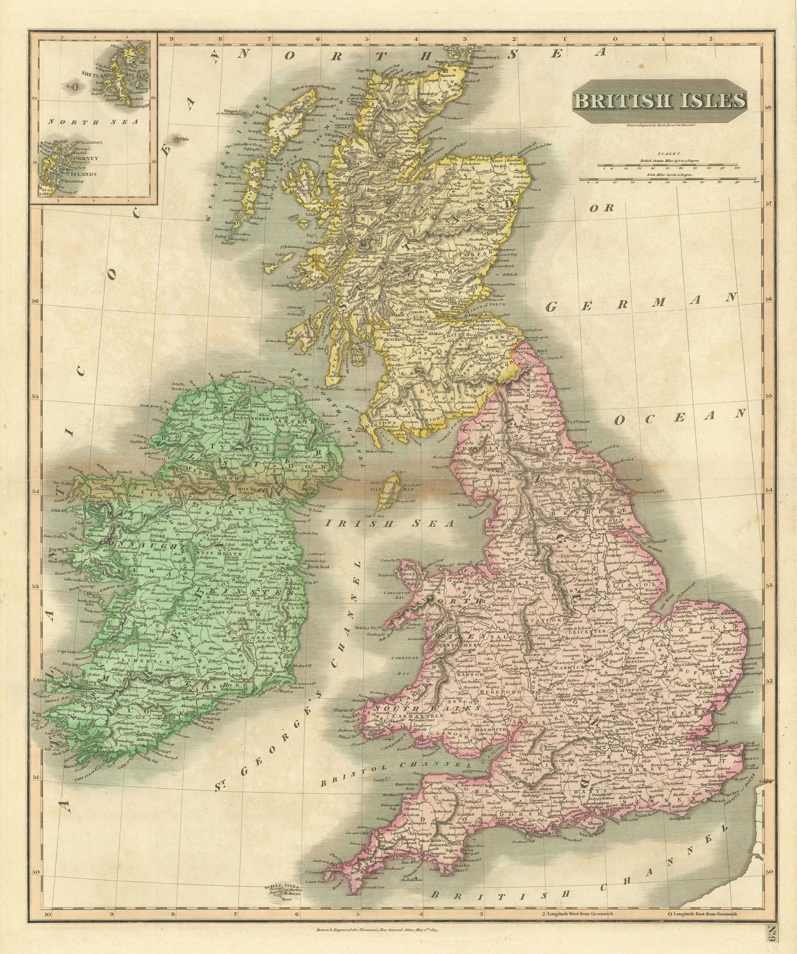 British Isles by John Thomson. England Ireland Scotland Wales 1817 old map: TITLE/CONTENT OF MAP: 'British Isles' DATE PRINTED: Published in 1817. Engraved on 1st May 1815; this date is marked on the map IMAGE SIZE: Approx 64.0 x 53.5cm, 25.25 x 21 inches (Large); Please note