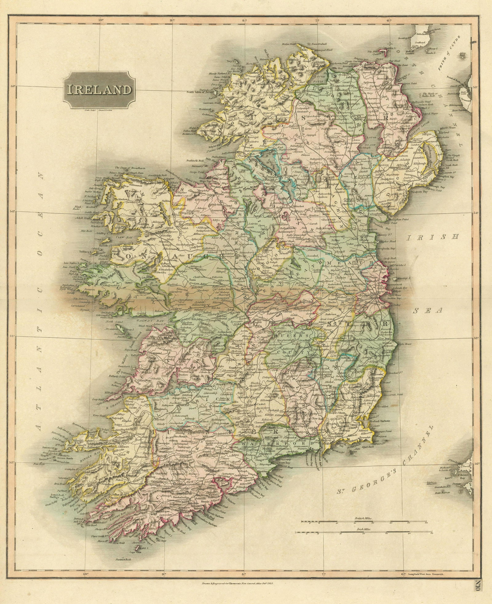 Ireland by John Thomson. Coach roads 1817 old antique vintage map plan chart: TITLE/CONTENT OF MAP: 'Ireland' DATE PRINTED: Published in 1817. Engraved in February 1815; this date is marked on the map IMAGE SIZE: Approx 64.0 x 52.0cm, 25 x 20.5 inches (Large); Please note that