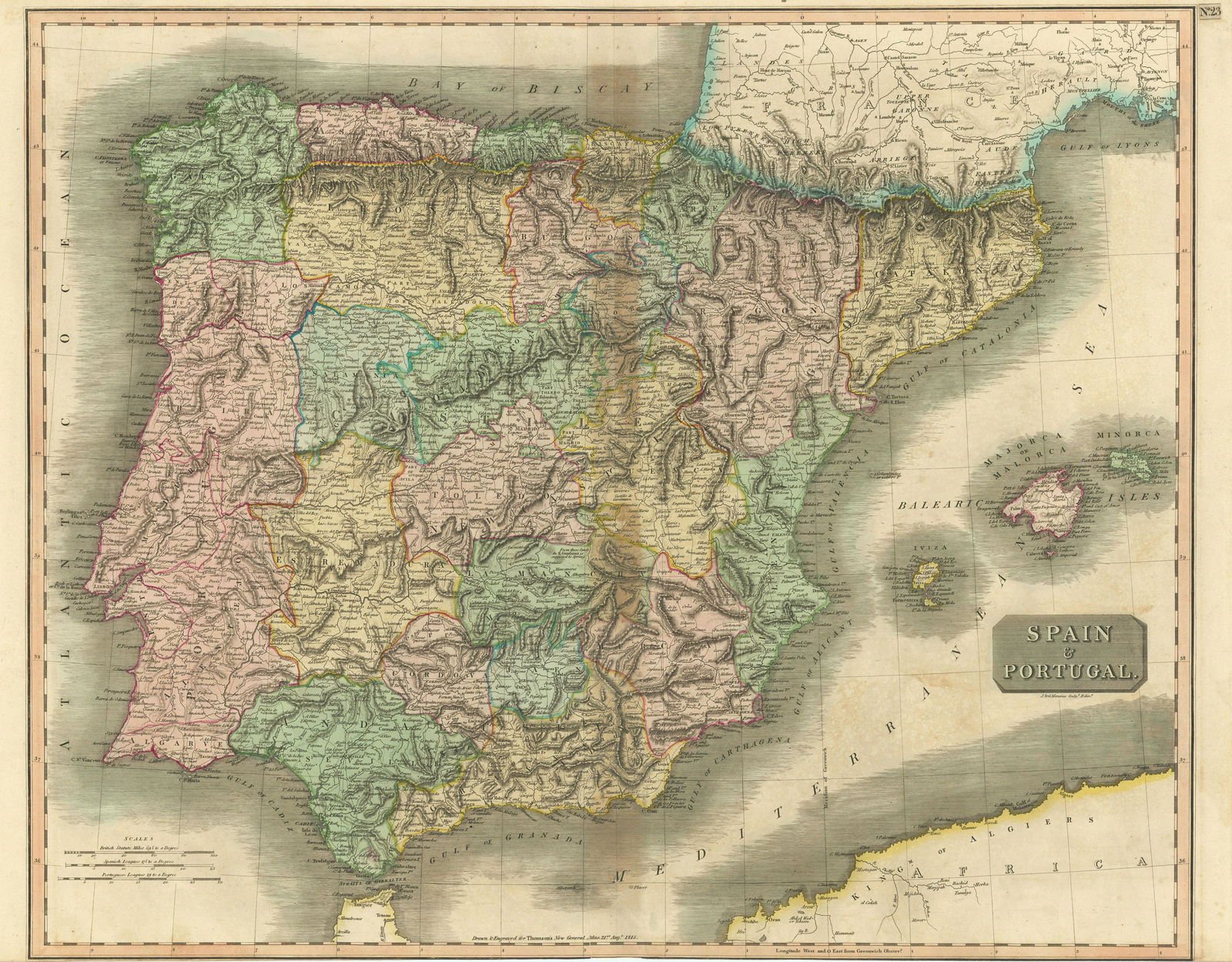Spain and Portugal by John Thomson. Provinces. Iberia 1817 old antique map: TITLE/CONTENT OF MAP: 'Spain and Portugal' DATE PRINTED: Published in 1817. Engraved on 21st August 1815; this date is marked on the map IMAGE SIZE: Approx 53.5 x 68.5cm, 21 x 27 inches (Large); Pleas
