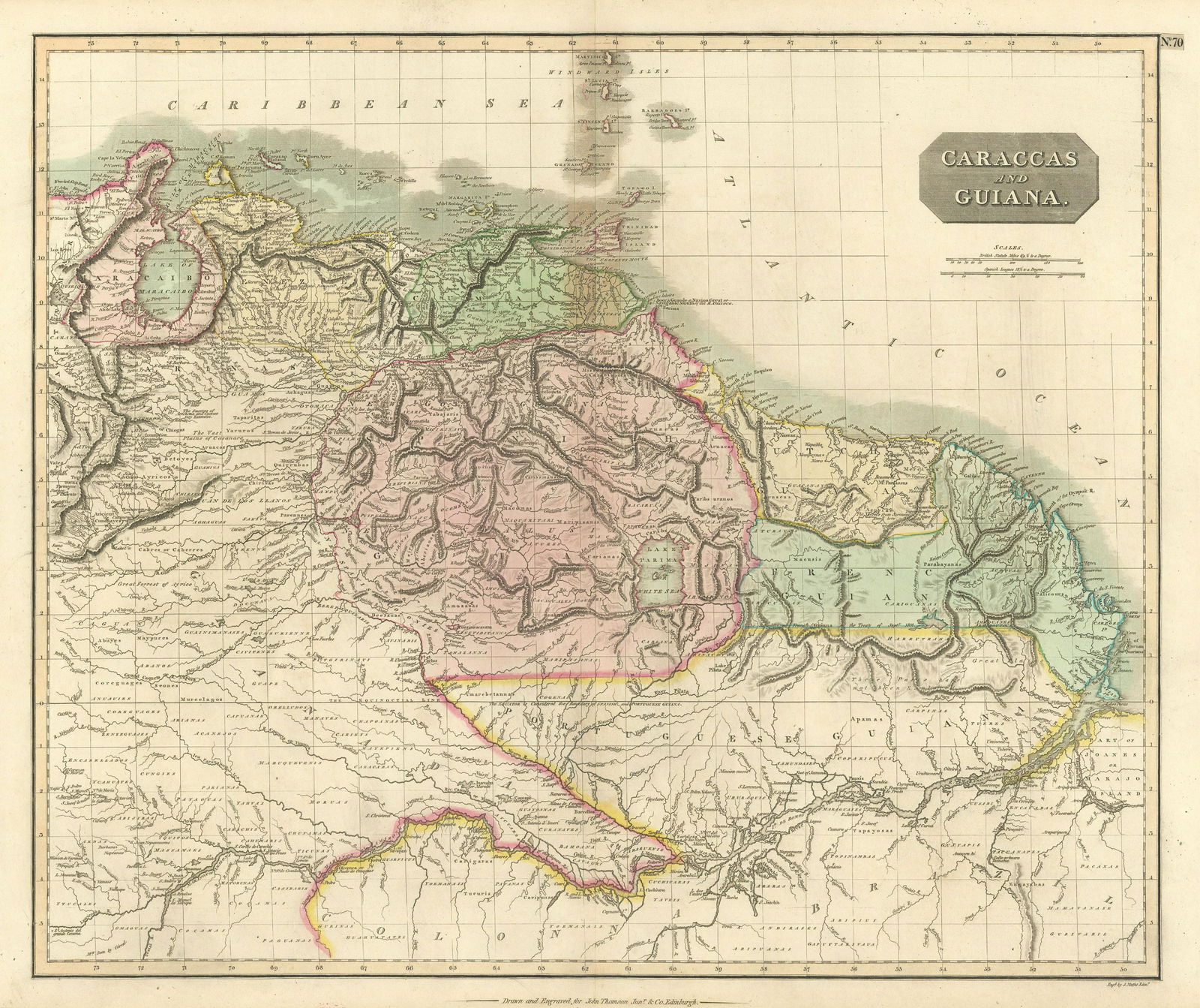 Caraccas and Guiana by John Thomson. Venezuela Guyana Amazonas 1817 old map: TITLE/CONTENT OF MAP: 'Caraccas and Guiana' DATE PRINTED: Published in 1817 IMAGE SIZE: Approx 53.5 x 63.5cm, 21 x 25 inches (Large); Please note that this is a folding map. TYPE: Antique early 19th c