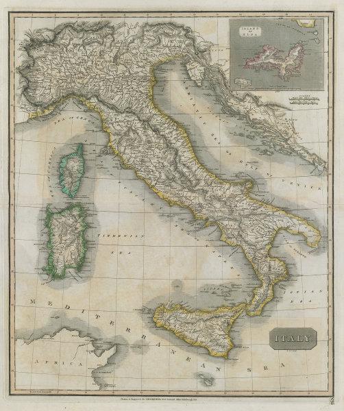 Italy by John Thomson. Island of Elba. Sicily Sardinia Corsica 1817 old map: TITLE/CONTENT OF MAP: 'Italy. Island of Elba' The map shows the Italian states largely as they had been prior to the French Revolution. Inset in the top right hand corner is a map of Elba, the island