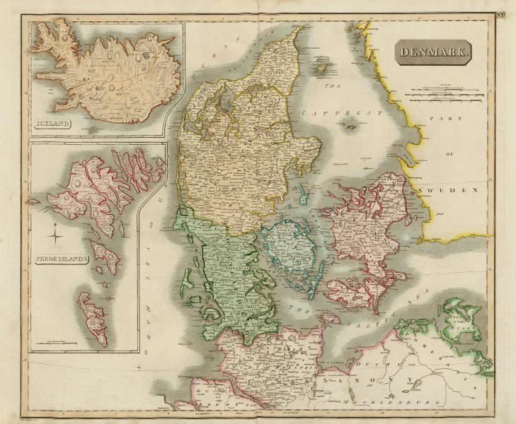 Denmark, Iceland and the Feroe / Faroe islands by John Thomson 1817 old map: TITLE/CONTENT OF MAP: 'Denmark. Iceland. Feroe islands' DATE PRINTED: Published in 1817 IMAGE SIZE: Approx 53.0 x 64.5cm, 20.75 x 25.5 inches (Large); Please note that this is a folding map. TYPE: Ant