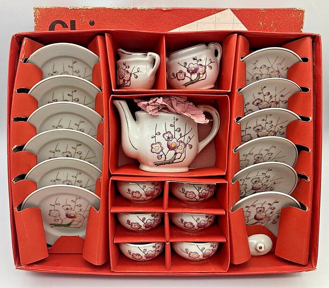 1940's CHERRY BLOSSOM CHINA CHILDS TOY TEA SET MADE IN JAPAN GOLD TRIM IN BOX: Title: 1940's CHERRY BLOSSOM CHINA CHILDS TOY TEA SET MADE IN JAPAN GOLD TRIM IN BOX Date/Period: Approx 1940-50's Dimension: multiple Materials: porcelain ceramic Additional Information: VINTAGE CHER