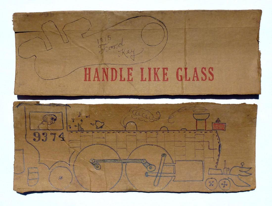 2 Drawings by Lewis Smith: a Train Engine and 1915 Ford: Here are 2 drawings on by the Outsider Artist, Lewis Smith. They are both on roughly cut pieces of cardboard. The Train engine 9374 is done in ink, marker, and pencil on one side. It is 6 1/4" by 17".