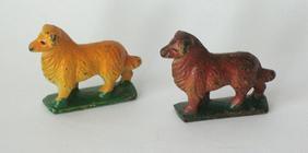 Group of vintage cast iron dog figures.: Title: Group of vintage cast iron dog figures. Dimension: 1 3/4” long each Date/Period: 1930's Additional Info:Nice group of 2 vintage cast iron farm dogs from a Christmas barnyard toy set in gr