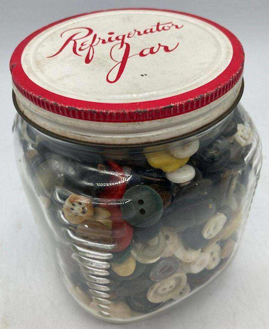 1930S DECO HAZEL ATLAS SQUARE GLASS REFRIGERATOR JAR w BUTTONS: Title: 1930S DECO HAZEL ATLAS SQUARE GLASS REFRIGERATOR JAR w BUTTONS Date/Period: approx 1930's jar Dimension: approx 5" x 4" Materials: glass and misc Additional Information: 1930S DECO HAZEL ATLAS 