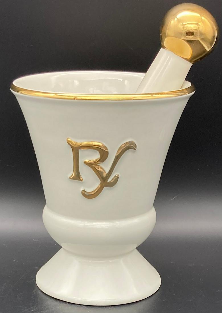 Large OWENS ILLINOIS RX PORCELAIN PHARMACY APOTHECARY MORTAR & PESTLE SET: Title: Large OWENS ILLINOIS RX PORCELAIN PHARMACY APOTHECARY MORTAR & PESTLE SET Date/Period: approx 1940-60 Dimension: approx 7" tall (9" with pestle in it) x 5 1/2" diameter Materials: porcelain cer