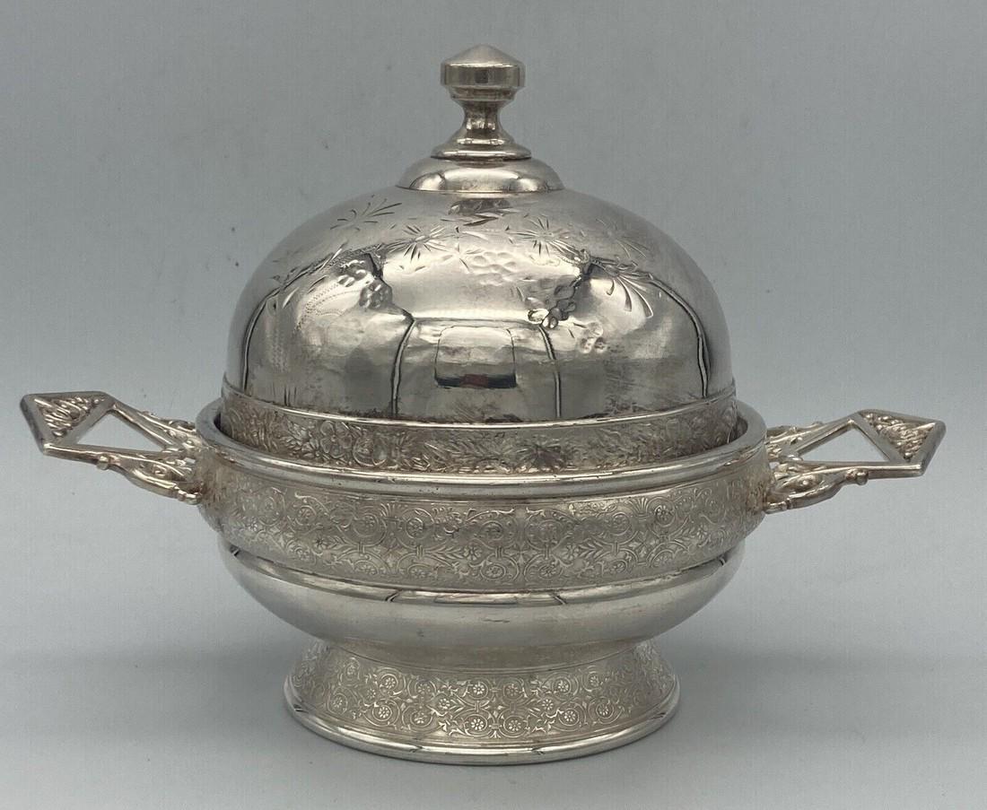 Exquisite ANTIQUE MERIDEN B. COMPANY, SILVER PLATED BUTTER COOLER: Title: Exquisite ANTIQUE MERIDEN B. COMPANY, SILVER PLATED BUTTER COOLER Date/Period: Approx early late 1800- early 1900's Dimension: approx 7" tall, 9.5" wide, 6.75" deep Materials: silver plate Addi