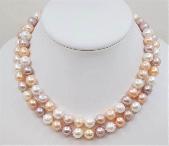 925 Silver - 10x11mm Multi Color Pearls - Long Necklace: A beautiful necklace of multi-coloured Freshwater pearls, which will shine with the pastel colours of summer and is completed with an elegant clasp in solid silver. The pearls are cultured in Southeas