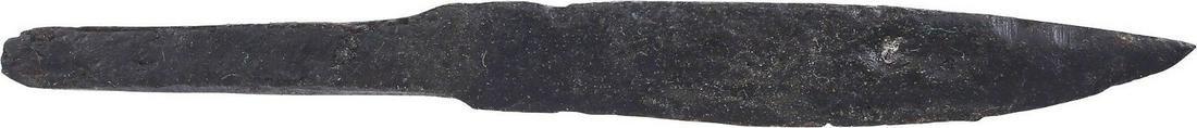 ANCIENT VIKING POUCH KNIFE, 9th-11th CENTURY: Just under 3 1/2" total length. (See https://leatherworkingreverend.files.wordpress.com/2009/07/dsc01382.jpg and https://inhabitat.com/melting-glaciers-reveal-items-lost-in-the-stone-age/ for similar 