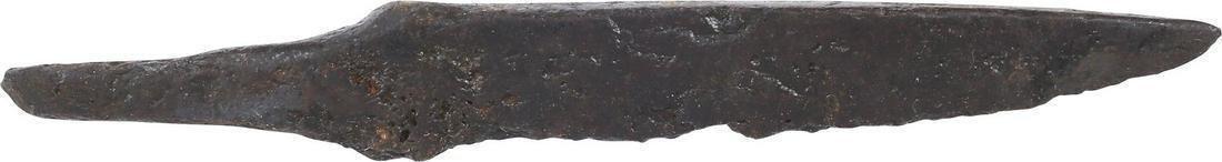 VIKING SIDE KNIFE OR POUCH KNIFE, 866-1067 AD: Danelaw England. Just over 2 1/2" total length. Thick wedge section blade with the straight back of scramseax form. Whittle tang for mounting in a wood, bone, or antler grip without a guard. (See http