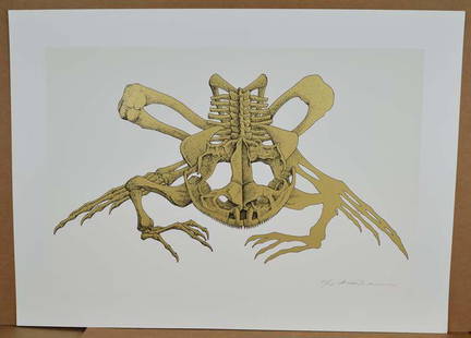 Original HIDEO TAKEDA print ALTAMIRA BULLFROG signed numbered: Original silkscreen print “BULLFROG” by Hideo Takeda (born 1948) from the Altamera series - one of a set of 10 prints each depicting an animal skeleton. Printed in 1994, signed by the arti