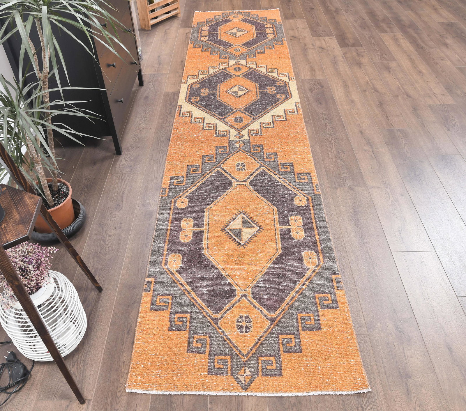 3x12 Vintage Turkish Oushak Runner,: Title: 3x12 Vintage Turkish Oushak Runner, Date/Period: 1960 - 1970 Origin: Turkey Dimension: 2.7x12 ft (81x367 cm) Materials: Wool and Cotton Provenance: This Turkish one-of-a-kind Vintage Rug is han