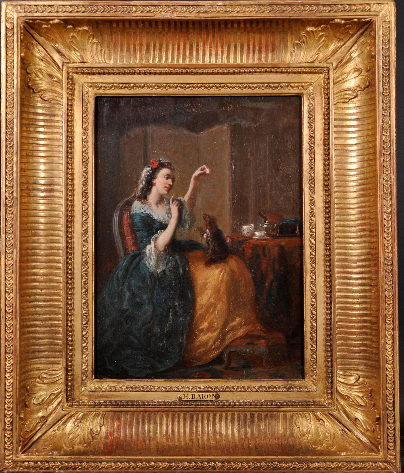Fine 19th Century French Oil - Elegant Lady training her Puppy Dog c. 1860's: Training the New Puppy by Henri Charles Antoine Baron (1816-1885) oil painting on panel, period gilt frame with name plaque panel: 13 x 9.5 inches provenance: private collection, France Baron studied