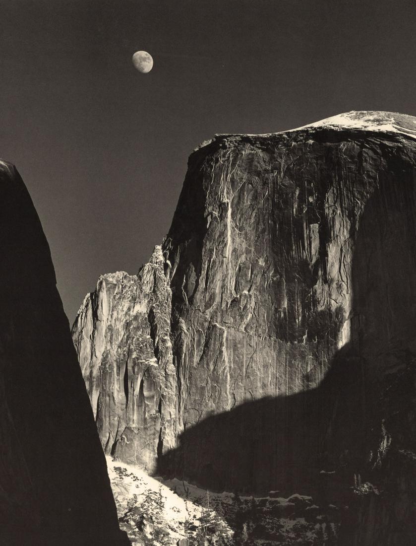 ANSEL ADAMS - Moon and Half Dome, Yosemite Valley, ca1960: Artist: ANSEL ADAMS Print Title: Moon and Half Dome, Yosemite Valley, ca1960 Medium: Double Impression Photolithograph Printed 1970’s in the US Image Size: approx. 10 x 7.5” Ansel Easton A