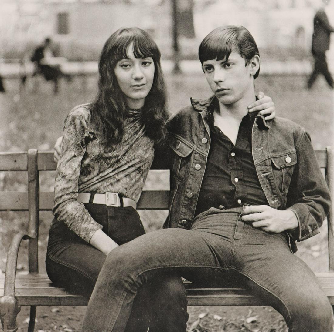 DIANE ARBUS - Young couple on a bench in Washington Square Park, NYC, 1965: Artist: DIANE ARBUS Print Title: Young couple on a bench in Washington Square Park, NYC, 1965 Medium: Authentic vintage Photoengraving Printed 1970s in the US Image size (inches) approx. 8 x 8” 