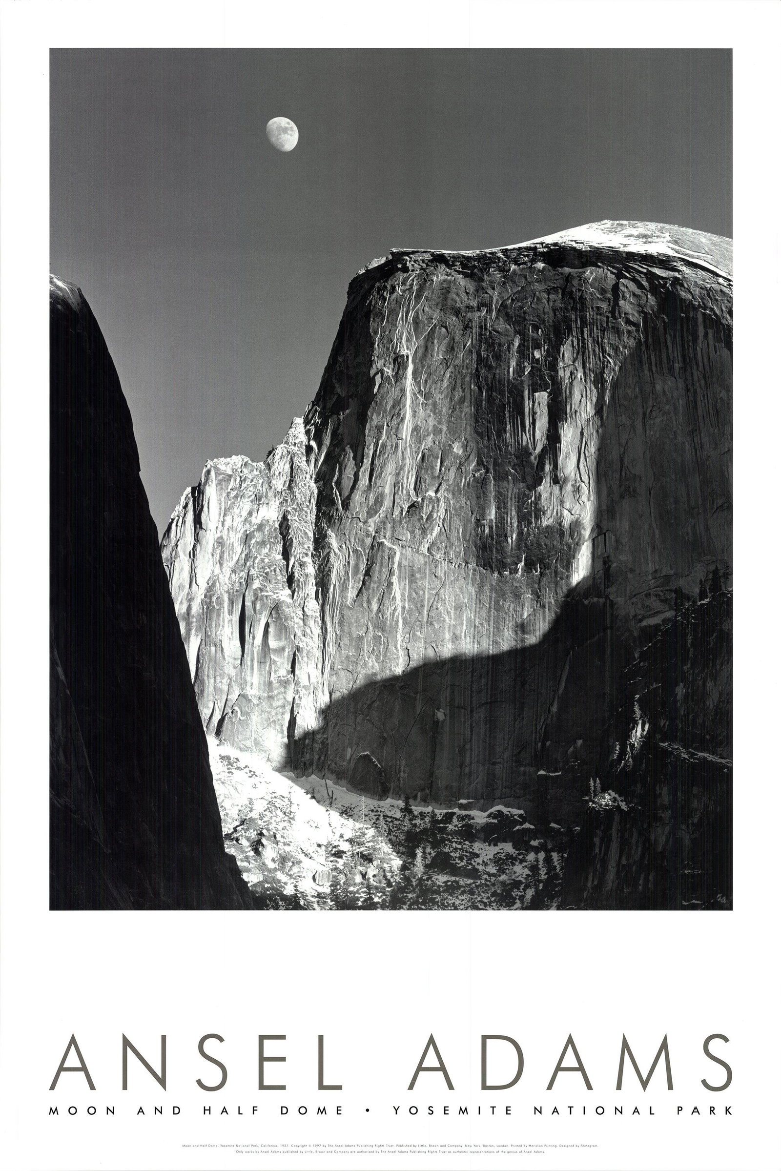 Ansel Adams - Moon and Half Dome - 1997 Offset Lithograph 36" x 24": Moon and Half Dome by Ansel Adams, 1997 Unsigned Offset Lithograph. Paper size is 36 x 24 inches, with an image size of 26.5 x 21 inches. The Offset Lithograph is from an unknown edition size. and is 