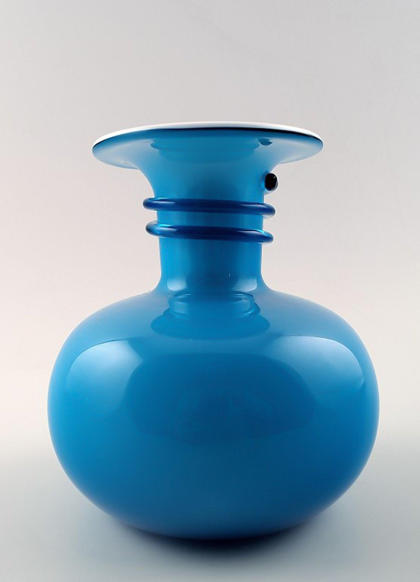 Per Lütken for Holmegaard Carnaby vase, blue and white opal glass.: Title: Per Lütken for Holmegaard Carnaby vase, blue and white opal glass. Description: Per Lütken for Holmegaard Carnaby vase, blue and white opal glass. Measures 14 x 14 cm. In perfect cond
