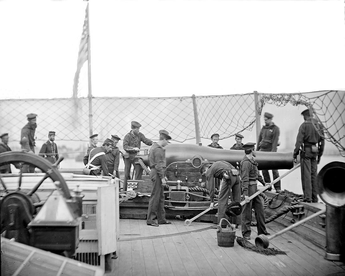 C. 1861, ON DECK OF GUN BOAT, BY MATTHEW BRADY: Title: C. 1861, ON DECK OF GUN BOAT, BY MATTHEW BRADY Artist/Source: MATTHEW BRADY Medium: CONTEMPORARY DYE BASED PHOTOLITHOGRAPH Date/Period: 1861 Dimension [INCHES]: 8 x 10 Origin: AMERICAN CIVIL WA
