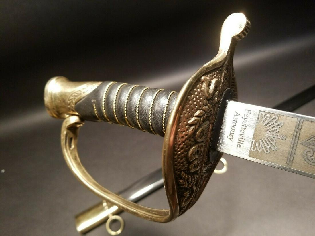 Fayetteville Armory Civil War Officers Confederate CS Sword: 37 1/2" long with steel scabbard Nice Reproduction civil war sword. Dull carbon steel blade "Fayetteville Armory" on one side and "India" on the other as shown in the images... Please see all the imag