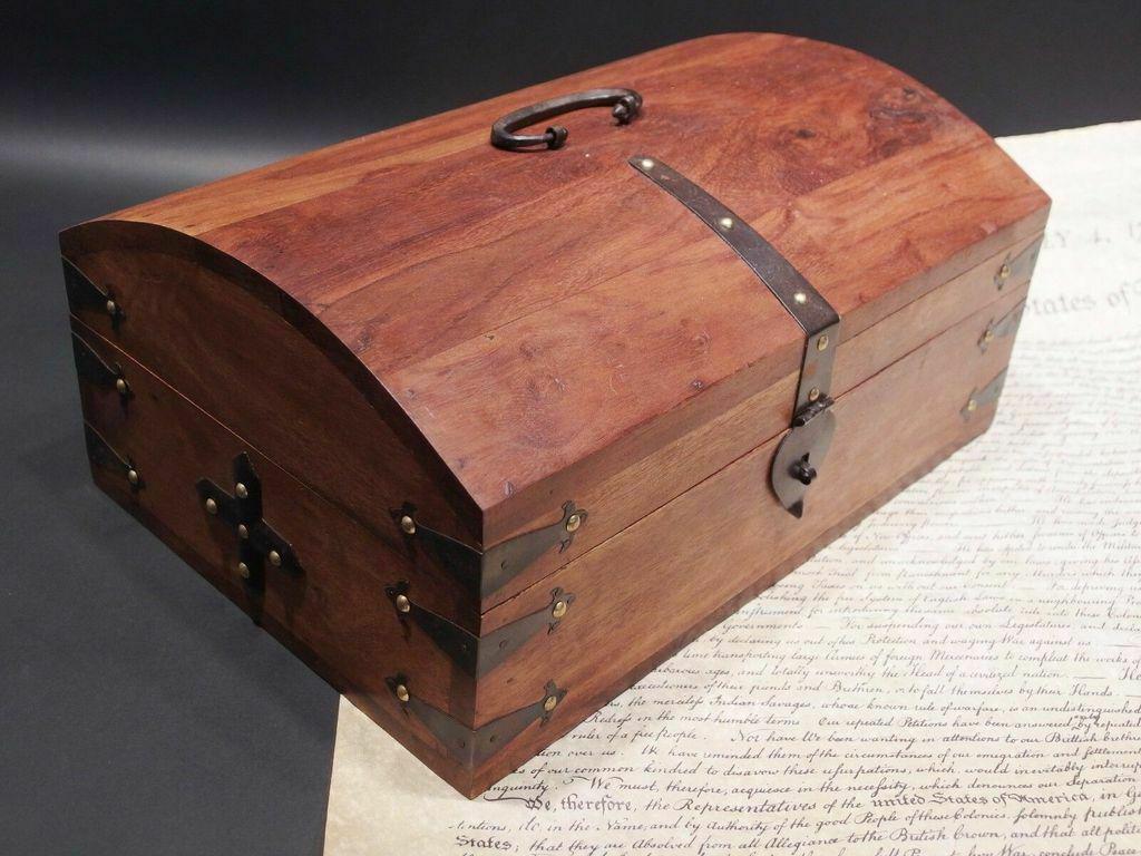 Dome Top Document Travel Writing Wood Desk Trunk Box: 14" Long x 9 1/2" Wide x 6 1/8" Tall Beautiful and creative reproduction antique box with an assortment of storage areas made from a beautiful unknown solid hardwood with a light distressed finish. Pi