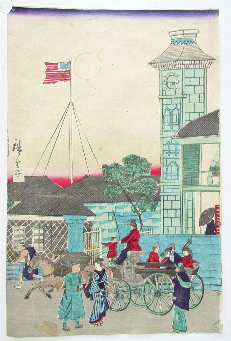 JAPANESE WOODBLOCK PRINT ANTIQUE by Utagawa Hiroshige III - part of triptych (1 of 2)