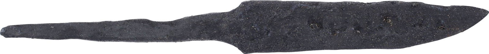 VIKING POUCH KNIFE, 9th-11th CENTURY AD: 3 1/2" total length. Thin section for slashing. Straight back and tapered through its length in the scramseax fashion. Whittle tang, to secure it to the wood, bone, or antler grip, now perished. (See 