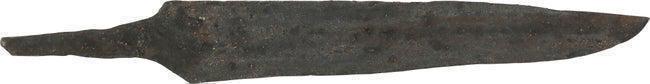 VIKING POCKET OR POUCH KNIFE, 866-1067 AD: Just over 3 1/8" total length. Wedge section for slashing. Straight back with a slightly curved point. Whittle tang, to secure it to the wood, bone, or antler grip, now perished. (See https://leatherw