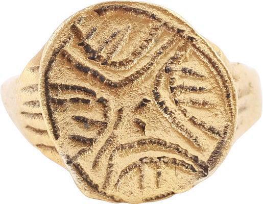 MEDIEVAL CHRISTIAN RING, C. 9TH-12TH CENTURY, SZ 1 1/2: Rounded face band, 2.2mm at the bottom, flaring to the shoulders. Small size 1 1/2 for wear on the small finger between the first two joints as was the custom. A round flat bezel cut with the Star of 