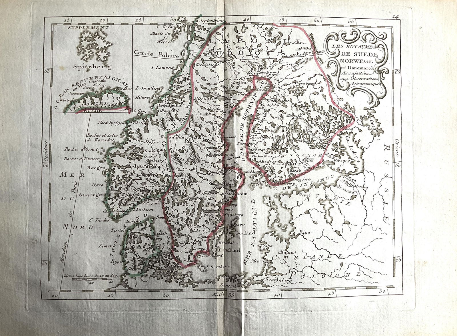 Scandinavia 1780/81 scarce map by J. B. Nolin: Title: Scandinavia 1780/81 scarce map by J. B. Nolin Date/Period: 1780/81 Dimension: 14 1/2 x 10 1/4” Material: Hand colored copper plate engraved Additional Information: Besides Norway, Sweden,