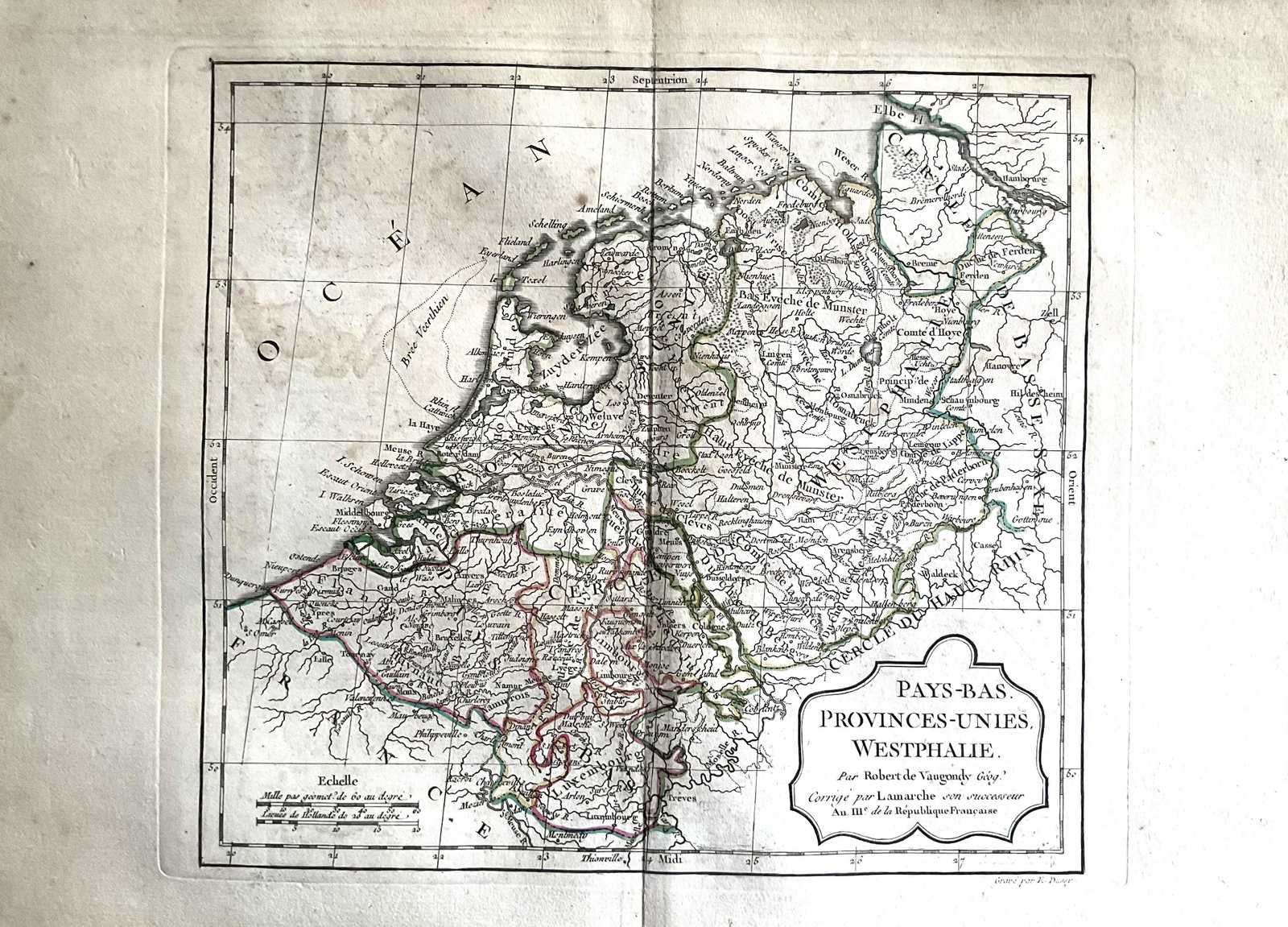 Netherlands, Belgium, Luxembourg and Westphalia region of Germany. 1794 by Vaugondy/Delamarche: Title: Netherlands, Belgium, Luxembourg and Westphalia region of Germany. 1794 by Vaugondy/Delamarche Date/Period: 1794 Dimension: 16 x 11 1/2" Material: Hand colored copper plate engraved. Additional