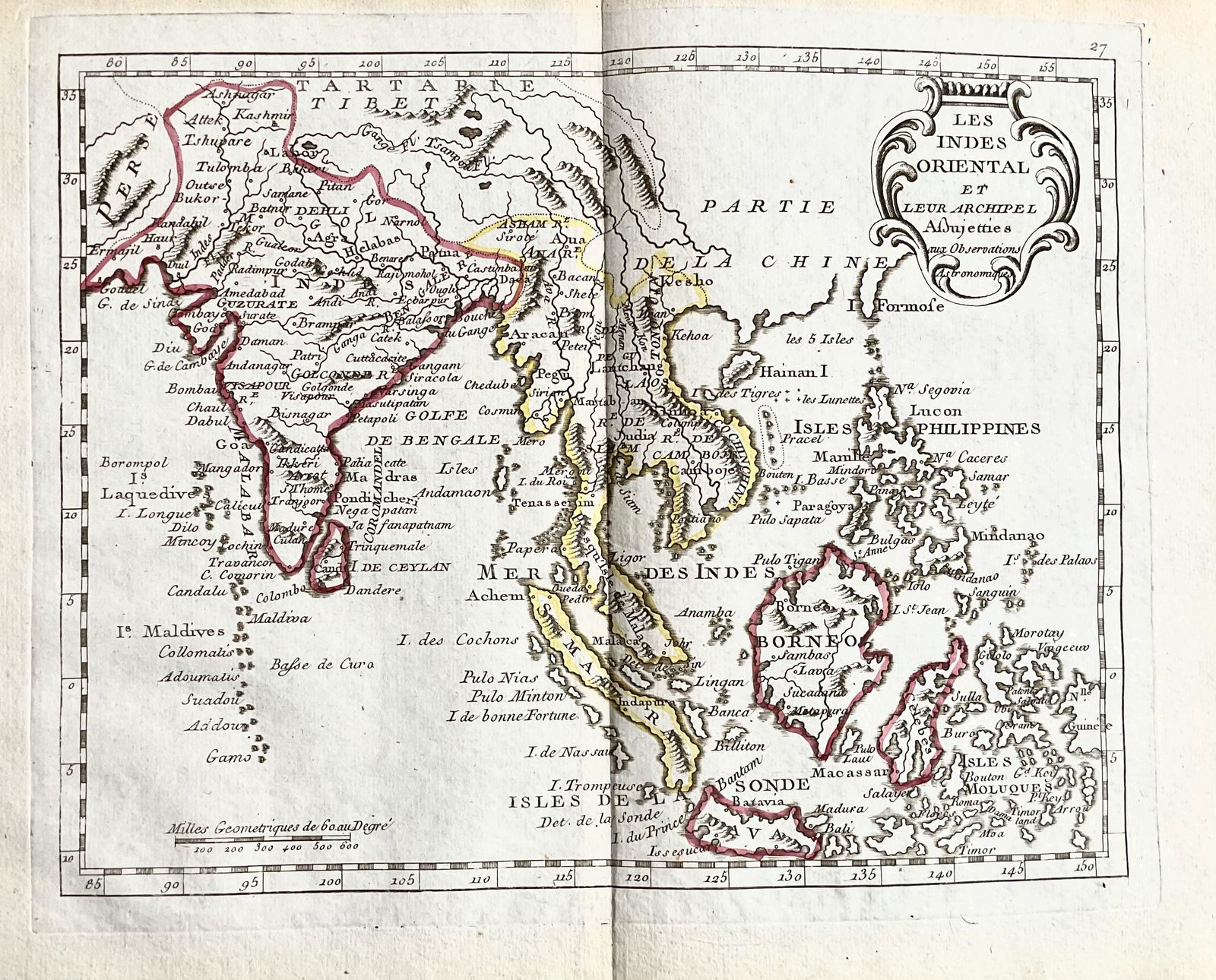 India into South East Asia, 1780/81. Scarce map by J. B. Nolin: Title: India into South East Asia, 1780/81. Scarce map by J. B. Nolin Date/Period: 1780/ 1781 Dimension: 14 1/2 x 10 1/4" Material: Hand colored copper plate engraved Additional Information: Shows the