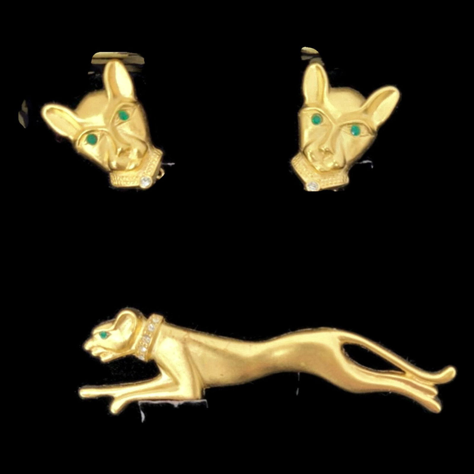 Vintage Jackie Collins Panther Set Earrings Pendant Brooch Pin Original Box Emerald Green Jeweled (1 of 5)