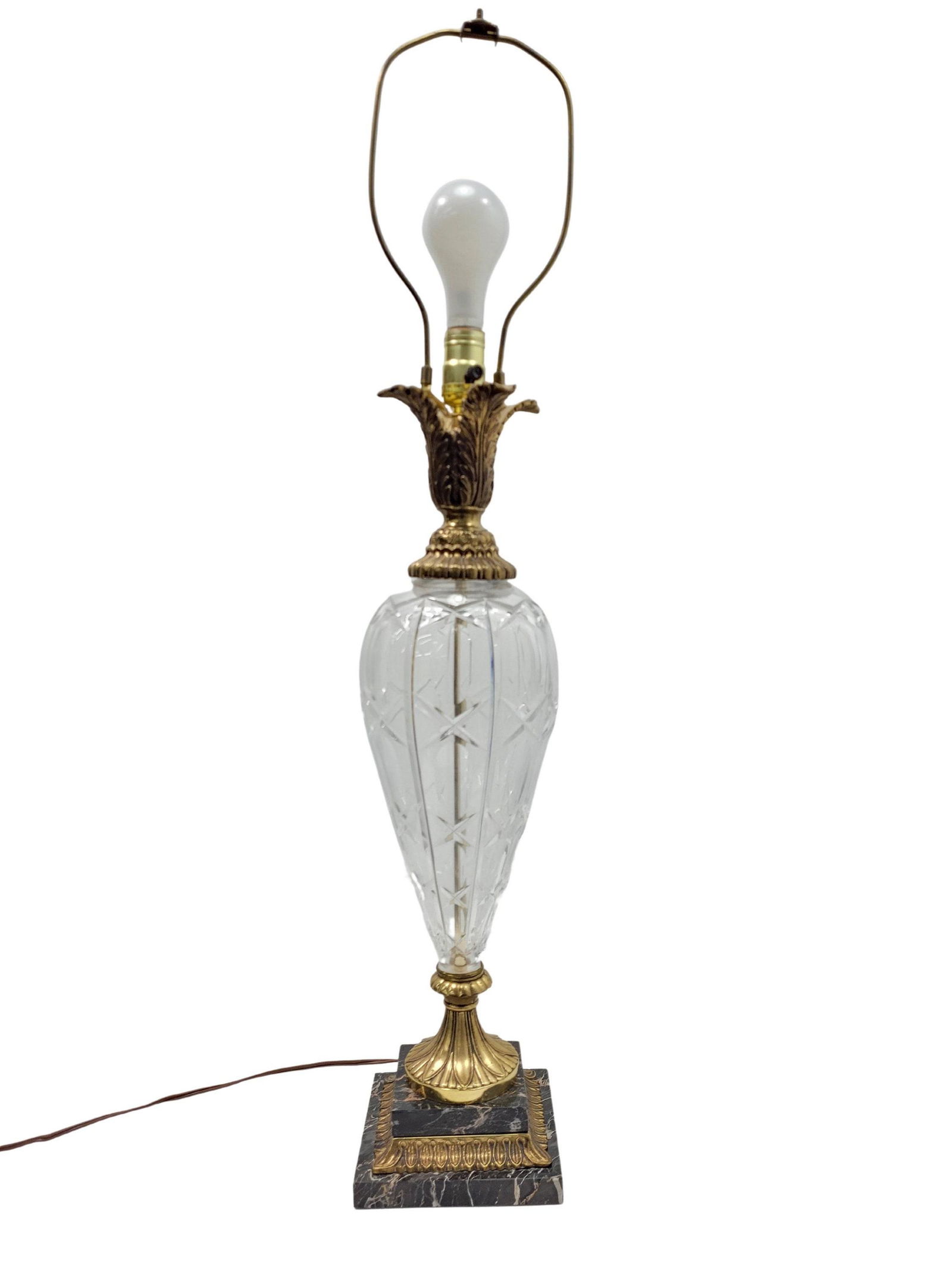 Vintage Crystal Frederick Cooper Table Lamp Clear Cut Glass, Marble and Brass: Vintage from the 1990s Materials: Glass, metal Width: 6.5 inches Height: 36 inches Depth: 6.5 inches Description Vintage Crystal Frederick Cooper Table Lamp Clear Cut Glass, Marble and Brass A beautif