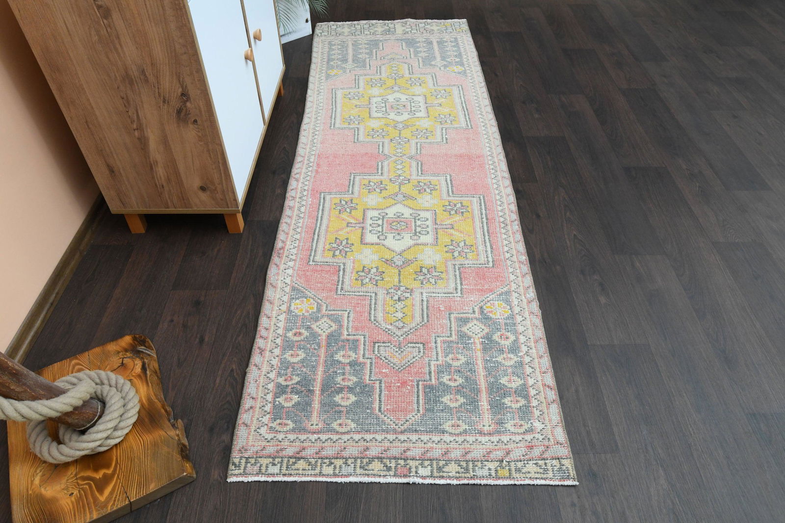 2.7x8.1 Ft Turkish runner, Antique rug,: Title: 2.7x8.1 Ft Turkish runner, Antique rug, Date/Period: 1960 - 1970 Origin: Turkey Dimension: 2.7x8.1 ft. (81x248 cm) Materials: Wool and Cotton Provenance: This Turkish one-of-a-kind Vintage Rug