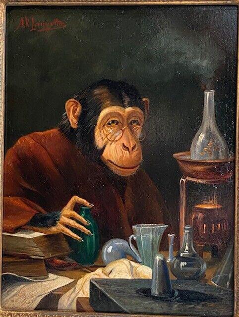 Antoinette van Leemputten (1875 - 1906) - “The alchemist monkey”: Antoinette van Leemputten (1875 - 1906) - “The alchemist monkey” This excellent antique oil on wood painting is presents the monkey doing chemical experiments. Signed. Painting is in a goo