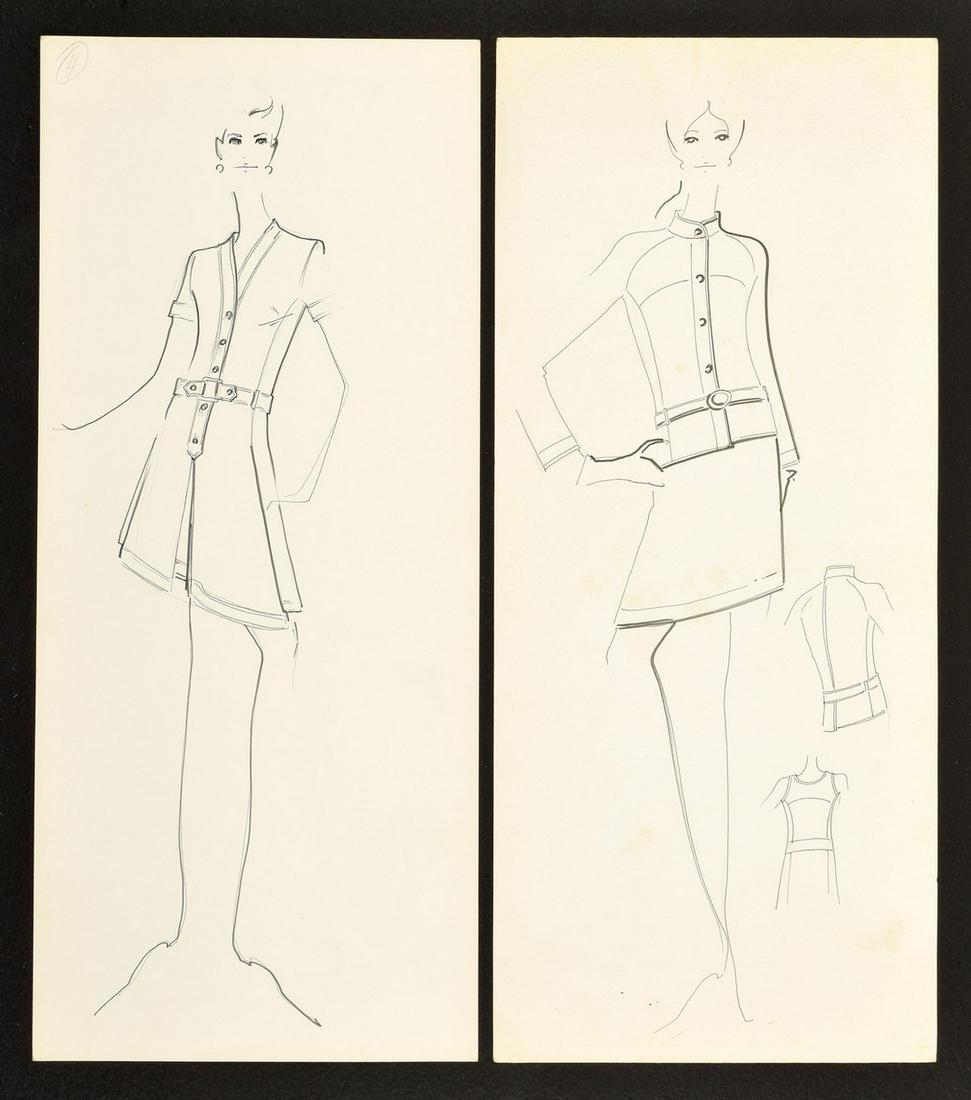 2 Karl Lagerfeld Fashion Drawings, Tiziani Archives: Title: 2 Karl Lagerfeld Fashion Drawings, Tiziani Archives Date/Period: 20th Century Dimension: 19.75"h, 8.5"w (approximate, not framed) Material: paper Additional Information: Artist/Designer; Manufa