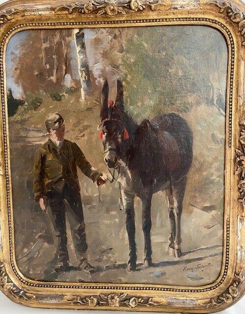 Antique oil painting Belgian masterpiece by Henry Schouten (1857 - 1927) (Att): Antique oil painting on panel Belgian masterpiece by Henry Schouten (1857 - 1927) (Attributed to) “Man with a donkey” This excellent antique oil painting on canvas on panel is in good cond