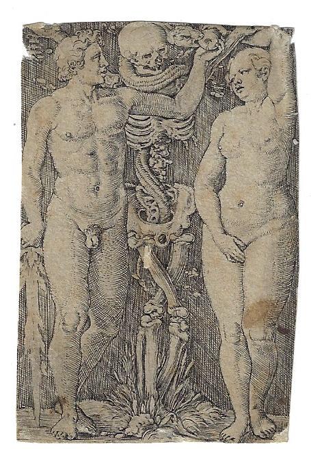 1543 Engraving Beham of Adam and Eve: Engraving by Sebald Beham (1500-1550) of Adam and Eve.This engraving with the skeleton instead of the tree. Engraving has been trimmed significantly with Beham's initials lacking at top right corner. 