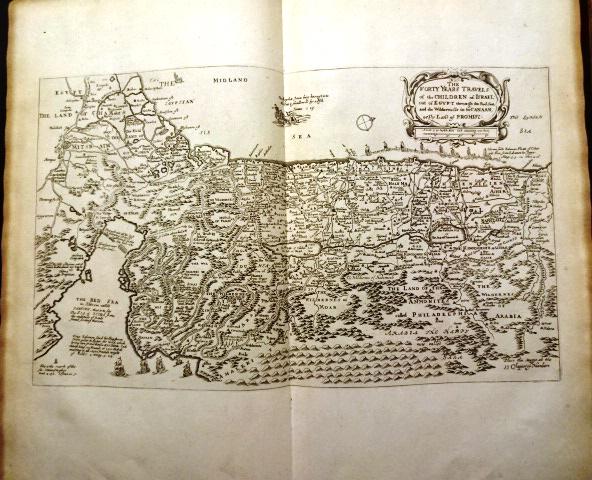 1712 Map of Forty Year Travel Children of Israel: Fine folidng map "The Forty Years Travels of the Children of Israel out of Egypt through the Red Sea and the Wildernesse in to Canaan or The Land of Promise", by Richard Blome (1635-1705). From Histor