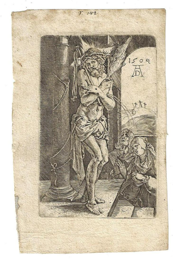 Durer Engraving Man of Sorrows: An engraving after Albrecht Durer (1471-1528) entitled "The Man of Sorrows by the Column" in reverse of the original of 1509 printed as the frontis to Durer's "The Small Passion". Dated 1509 with Dure