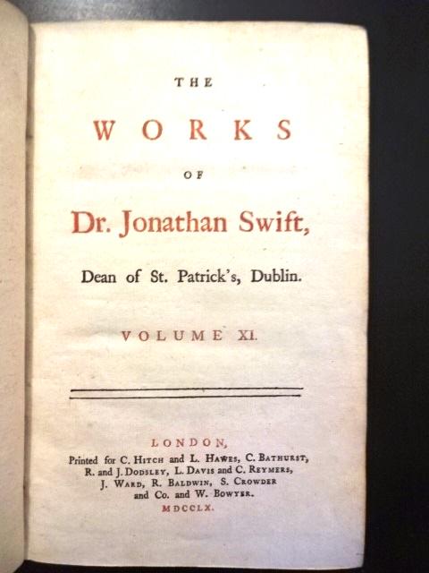 1760 Works of Jonathan Swift Tatler Intelligencer: The Works of Dr. Jonathan Swift, Dean of St. Patrick's, Dublin, Volume XI, printed at London for C. Hitch, L. Hawes, C Bathurst (and others). Includes Last Speech of Ebenezer Elliston, issues of The I