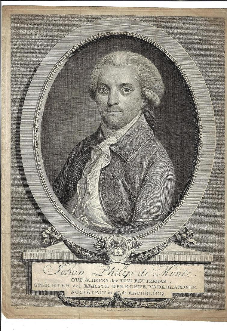 1787 Large Engraving Johan Philip de Monte: A large engraving of Johan Philip de Monte, printed at Rotterdam by J. Hendriksen, Very Good, folds, measures 12 x 16". Reserve: $30.00 Shipping: Domestic: Flat-rate of $10.00 to anywhere within the c