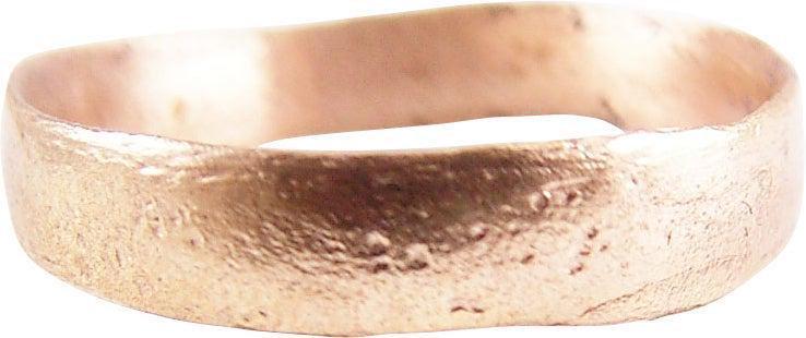 VIKING WARRIOR'S WEDDING RING, SIZE 10 1/2: 10th-11th C.AD. 4.7mm in width. Rounded face band. The surface lightly textured from burial. Vikings exchanged rings on the pommel of the groom's sword. Rare wearable size. Professionally refurbished