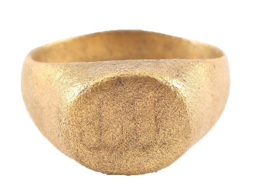 VIKING WARRIOR'S RING, 9th-10th C.AD SZ 10 1/4: Gold over bronze, size 10 1/4, of slightly oval form in the Medieval taste which evolved from the Roman. Broad 4.6mm round face band slightly flared to the shoulders. Raised oval bezel with incised li