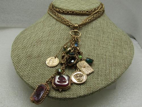 Vintage Multi-Strand Intaglio & Faux Coin Lavalier Necklace, 22", 1970's-1980's: Vintage Multi-Strand Intaglio & Faux Coin Lavalier Necklace, 22", 1970's-1980's This necklace has a triple strand of mixed links, alternating 3mm oval link and 2mm curbe link and box link with lobster