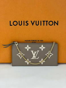 Louis Vuitton Zippered Coin Pouch Giant Monogram Gray Leather Added Chain A958: SKU A958 0322 New 100% Authentic Louis Vuitton Zippered Pouch Coin Insert from Felicie Giant Monogram Gray/Beige Empreinte Leather W/ Added Chain to wear as a Crossbody RATING: New NO Felicie MATERIAL