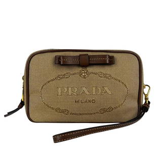 PRADA "Logo jacquard" clutch bag: Title: PRADA "Logo jacquard" clutch bagMaterial: CanvasLength 17 cm, Height 10 cm, Depth 5 cmDescription: (4543/B). "Logo jacquard" clutch bag MADE IN: India AUTHENTICITY CODE: 204 FEATURES: Clutch