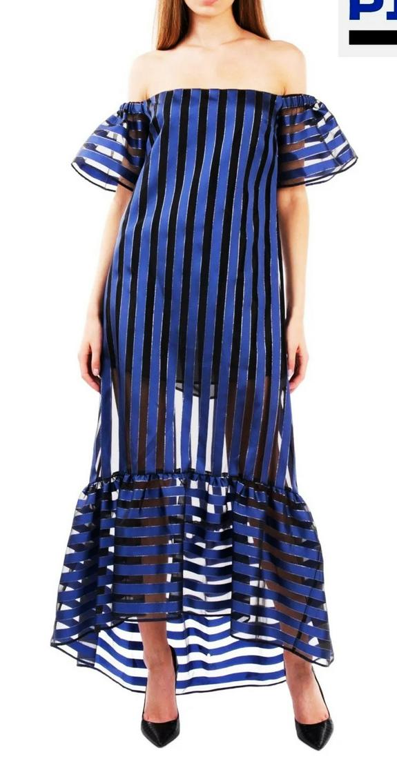 Vtg Christian Pellizzari Stripe off Shoulder Trapeze maxi dress Ruffle Hem N Neckline (1 of 5)