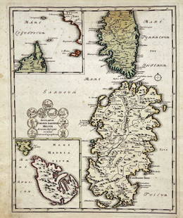 Johann Christoph Weigel (1661-1726) - Map of the islands of Corsica, Sardinia, and Malta.: Italy.—Insularum Corsicae Sardiniae Melitae. Old color. Engraved map from Johann Christoph Weigel. Nuremberg, around 1720. 41 x 32.5cm. framed With 2 inset cards.- Slightly foxed. Reserve: